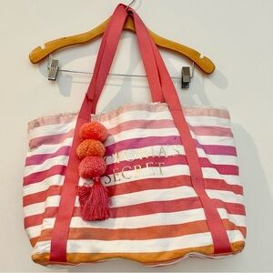 Victoria’s Secret Summer Stripe Tote Bag Pink and White Preppy Canvas Beach Bag
